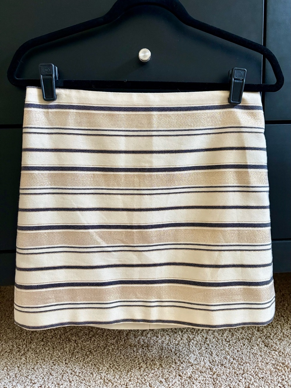J. Crew Cream Mini Skirt with Navy and Metallic Gold Stripes